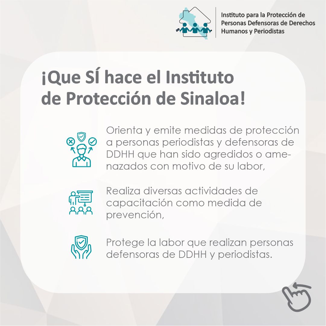 InstitutodePro's tweet image. 📢 ¿Sabes qué hace el #InstitutoDeProtecciónSinaloa?

Una de nuestras funciones principales es otorgar medidas de protección que fortalezcan la labor que realizan personas periodistas y defensoras de #DDHH.

📲Desliza y conoce más sobre nuestro trabajo. 

👇