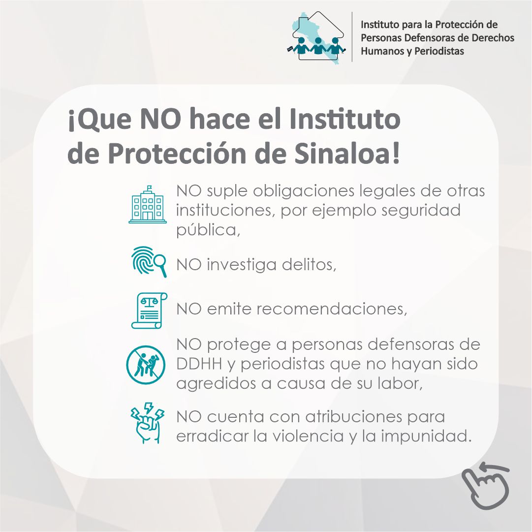 InstitutodePro's tweet image. 📢 ¿Sabes qué hace el #InstitutoDeProtecciónSinaloa?

Una de nuestras funciones principales es otorgar medidas de protección que fortalezcan la labor que realizan personas periodistas y defensoras de #DDHH.

📲Desliza y conoce más sobre nuestro trabajo. 

👇