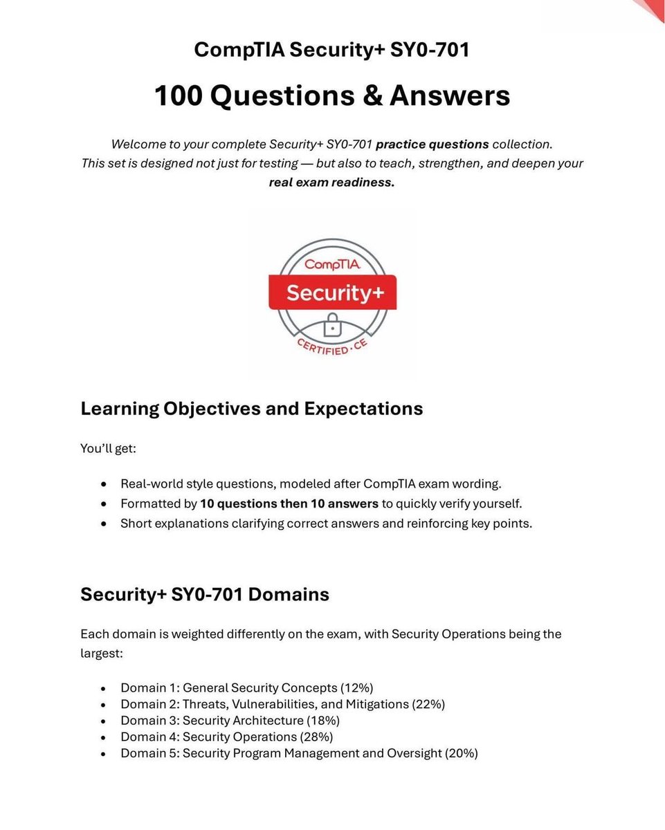 _0b1d1's tweet image. 🧠 Getting Ready for Security+?
These 100 Security+ SY0-701 practice questions will show you exactly where you stand. 🔐

✉️Comment PDF for full GUIDE