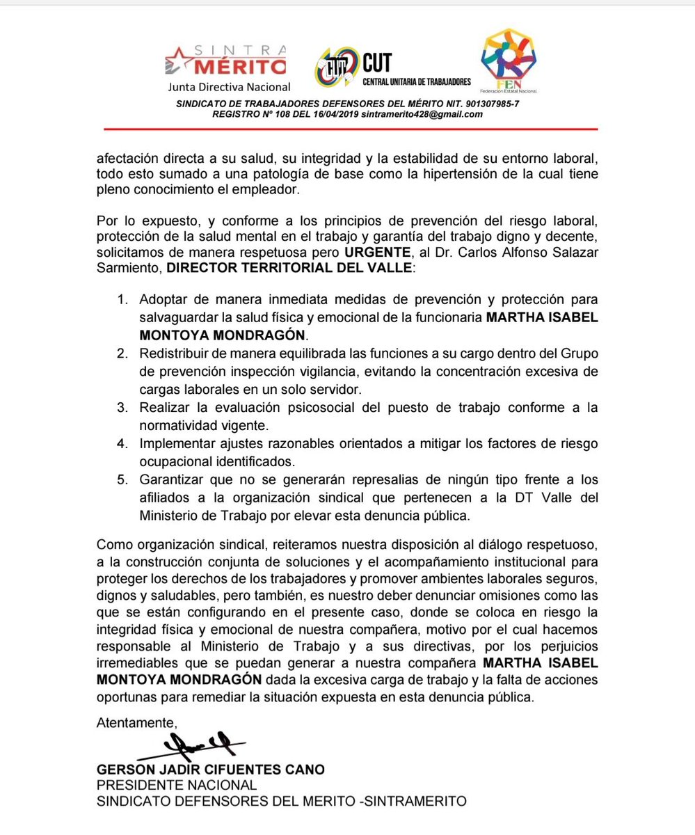 Realizamos denuncia pública por la situación crítica de nuestra afiliada a la DT Valle del <a href="/MintrabajoCol/">MinTrabajo</a>