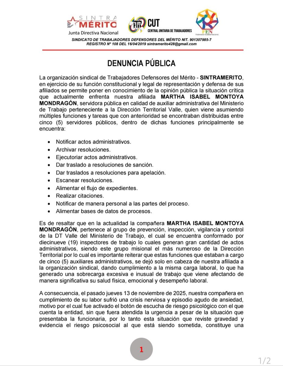 sintramerito's tweet photo. Realizamos denuncia pública por la situación crítica de nuestra afiliada a la DT Valle del @MintrabajoCol https://t.co/uN1eRWXN6I