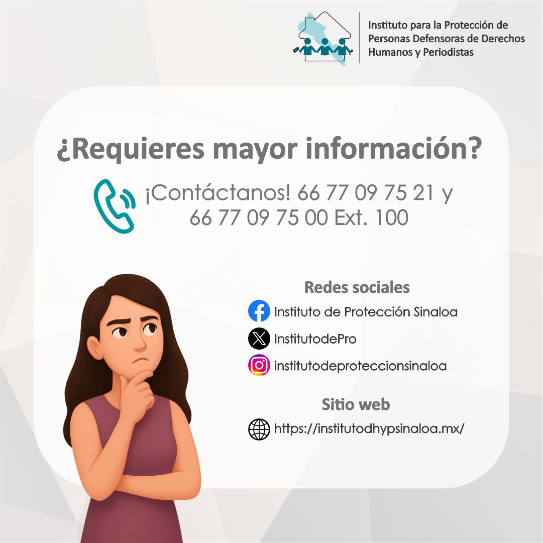 InstitutodePro's tweet image. 📢 ¿Sabes qué hace el #InstitutoDeProtecciónSinaloa?

Una de nuestras funciones principales es otorgar medidas de protección que fortalezcan la labor que realizan personas periodistas y defensoras de #DDHH.

📲Desliza y conoce más sobre nuestro trabajo. 

👇