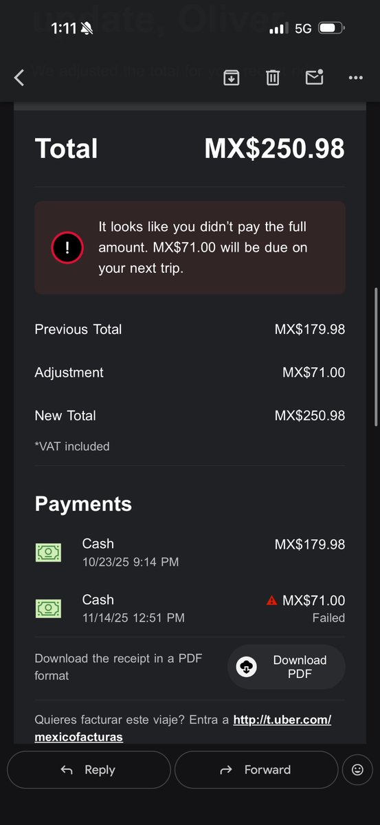 oloberfoe's tweet photo. @Uber_Support tengo un problema, hice 2 viajes diferentes el mismo día 23 de octubre de 2025, hoy 14 de noviembre del mismo año me llega un Mail donde se me indica que no pague completo, si app no me puede ayudar porque es un viaje de hace mas de 20 días. ¿Qué procede? https://t.co/iXRZMT5m13