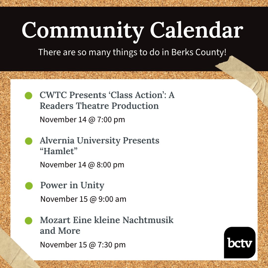 This weekend, in and around Berks County, enjoy live productions from local schools and universities, stand against youth violence, and more. Find these events and more on BCTV's free community events calendar at bctv.org/calendar. 🗓️📌✨
