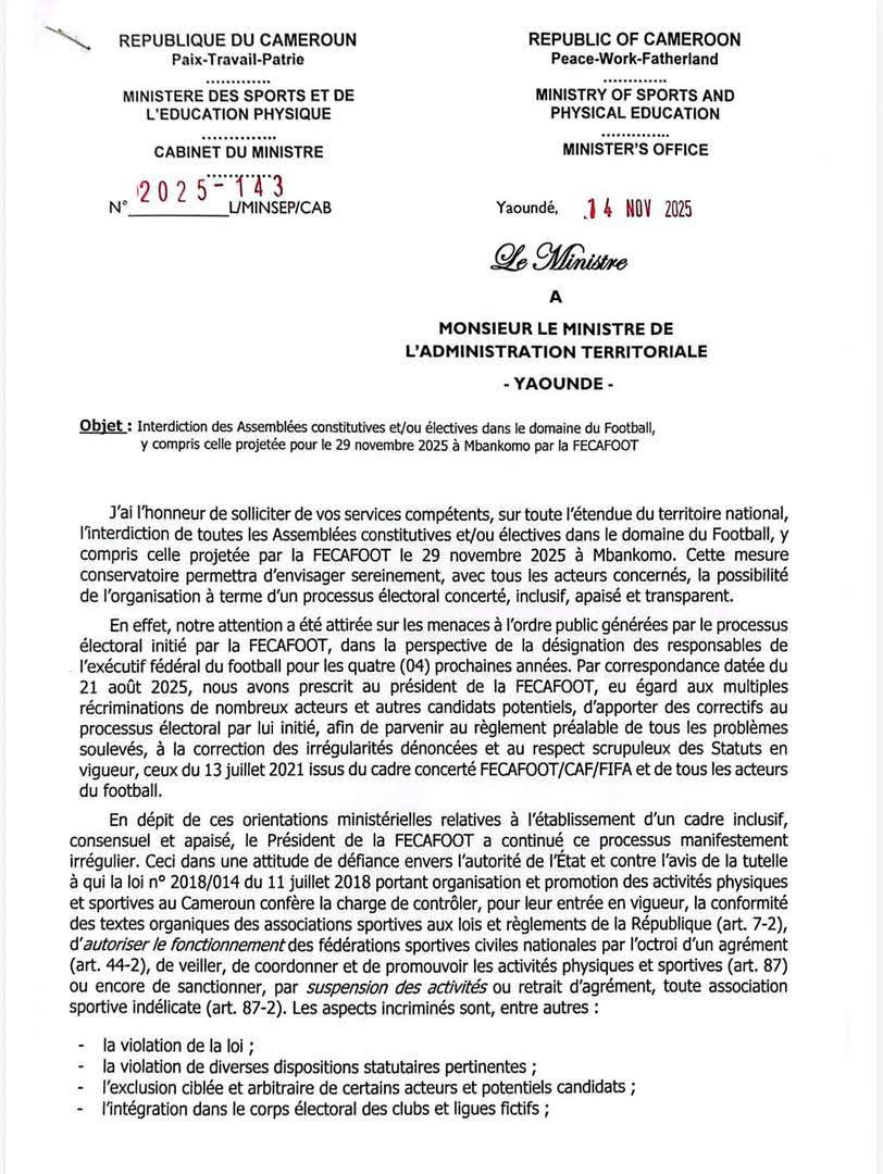 TheCameroonianZ's tweet image. Interdiction des Assemblées constitutives et/ou électives #Fecafoot.

#Cameroon