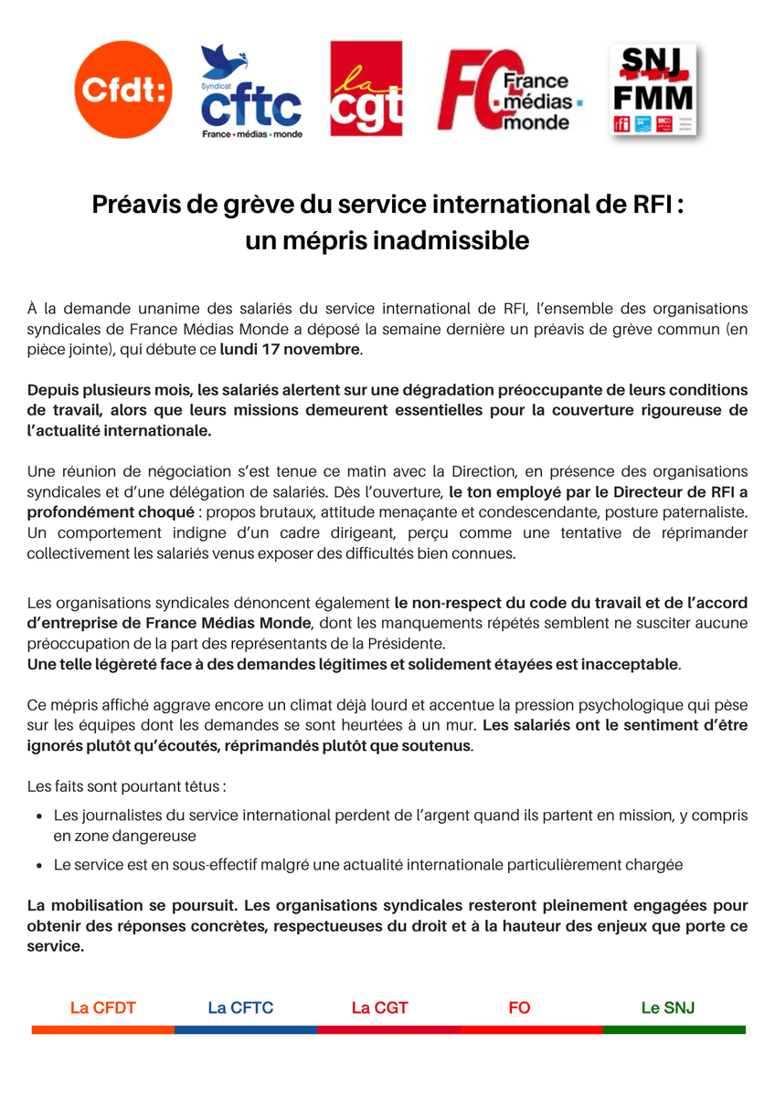 📢 RFI – Service international en grève !
Conditions de travail dégradées, mépris en négociation, demandes ignorées : les salarié·es se mobilisent.
Les syndicats exigent des réponses concrètes et respectueuses. ✊📻
#RFI #FMM #Grève
<a href="/CgtFmm/">CGT France Médias Monde</a>
