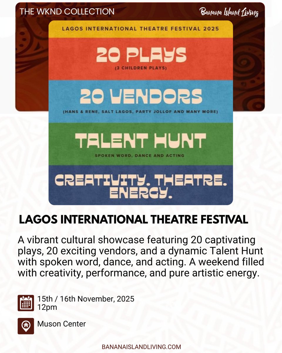 Weekend vibes are here! 🌟 From Club Art and Lagos Theatre Festival to fresh finds at the Farmers Market.

If you're in Lagos, here's how to make this weekend unforgettable! 

#BananaIslandLiving #LagosEvents #WeekendVibes #farmersmarket #ChinChinRecipe #ArtExhibition