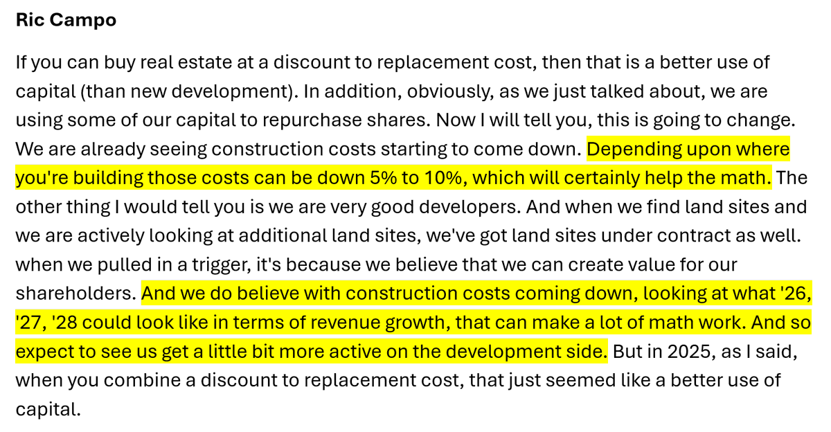 15) On new construction, Camden has taken a cautious approach but sees the environment for starts improving and CPT could get "a little bit more active."

Noted construction costs are coming down 5-10%, so as revenue growth improves too, the math becomes more favorable.