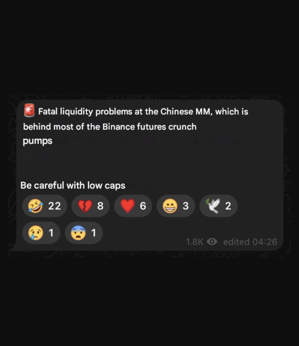 🚨 BREAKING

MAJOR BINANCE MARKET MAKER FACING "FATAL" LIQUIDITY ISSUES.

CHINESE MM BEHIND BINANCE FUTURES IS REPORTEDLY INSOLVENT.

GET READY FOR ANOTHER FLASH CRASH.

MASSIVE LIQUIDATIONS ARE COMING IF TRUE.