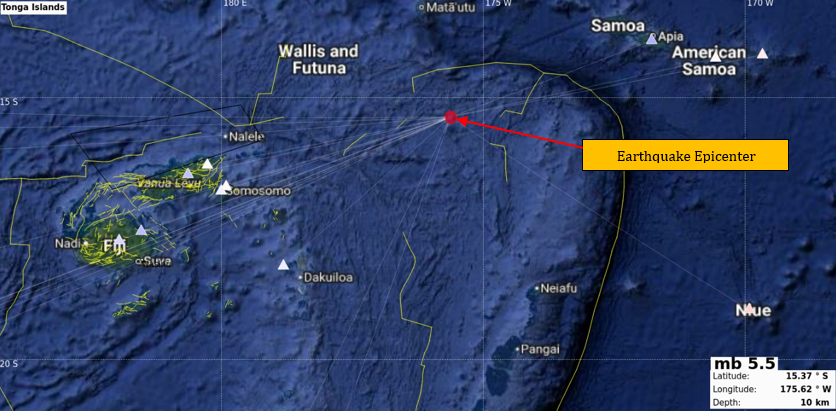 Earthquake Information bulletin issued.
Date: 15/11/2025
Time: 07:09:06 AM
Magnitude: 5.5
Depth: 10km
Location: 21 km N from Sapa’ata, Tonga.
However, it does not pose any immediate tsunami threat to the Fiji region.