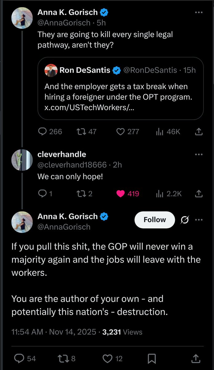 .<a href="/AnnaGorisch/">Anna K. Gorisch</a> , a lawyer who makes her money by helping employers violate federal law by advertising tech jobs in places where no American can see them, is absolutely incensed that American might fix the H1-B program and she'll have to get a real job