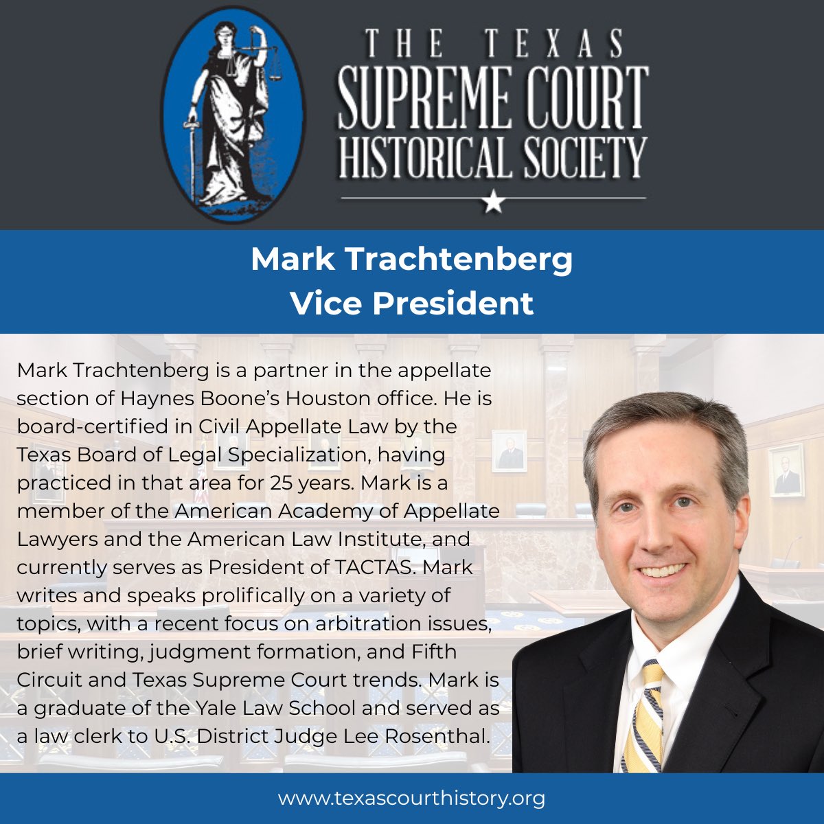 We are excited to next spotlight <a href="/marktrach/">Mark Trachtenberg</a>. Mark is the current Vice President of the Texas Supreme Court Historical Society, and he is a partner in the appellate section of <a href="/haynesboone/">Haynes Boone</a>.

#TXlaw #TXlawyer #TXlawyers #TSCHS #SCOTX
