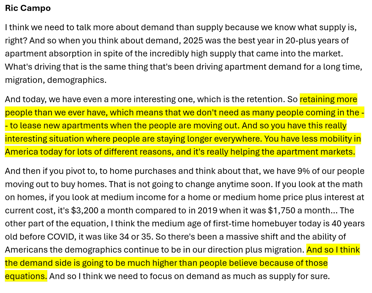 18) Back to the demand story for a moment. Camden made the point that demand trends aren't getting enough attention -- and that the elongated renting stage of life means that the "demand side is going to be much higher than people believe."
