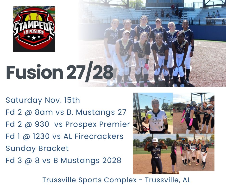 We play this weekend in Trussville in the Stampede Fall exposure! Hope to see you there! <a href="/kgriff08/">Kaitlin Griffin</a> <a href="/snead_softball/">Snead State Softball 2025-2026</a> <a href="/lbwsoftball/">LBW Softball</a> <a href="/11BWade/">Beth Wade</a> <a href="/Coach_DBowling/">Coach_DBowling</a> <a href="/SallieB34/">Sallie Beth Burch</a> <a href="/carsonowens12/">Carson O.</a>