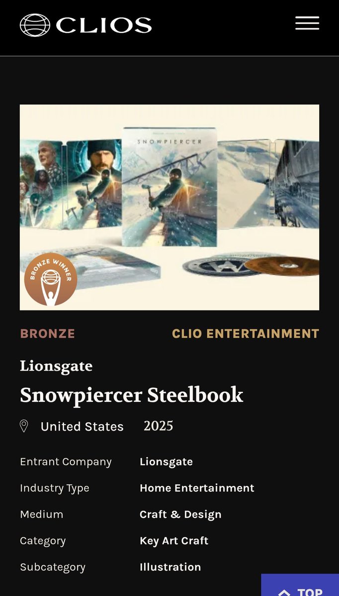 Ignacio__RC's tweet image. Thrilled to share that my Snowpiercer steelbook for @Lionsgate won a Bronze Clio in the Key Art Craft category at this year’s Clio Entertainment Awards @The_Clios. Huge thanks to Aaron spacemuseum, Rickard Olsson, Brent Primus, and the whole Lionsgate team!
#ClioAwards
