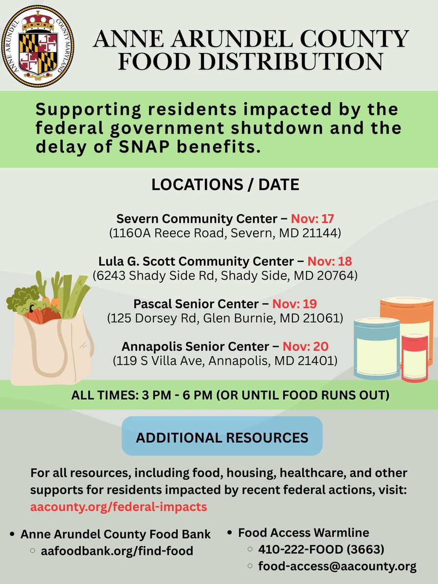 Next week, Anne Arundel County will continue its food distribution at four locations throughout the county.