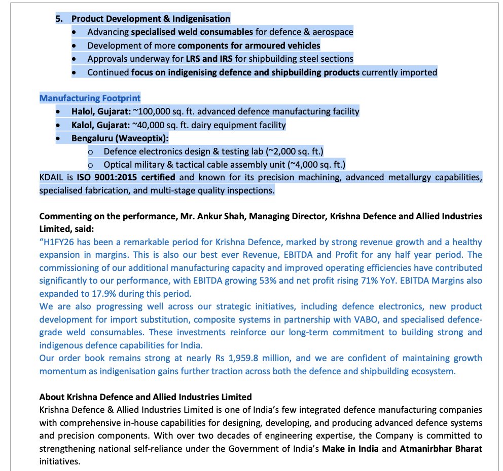 Vihaan_001_'s tweet image. Krishna defence 
-----------------
Market Cap -1263cr.

-Great Set of number in H1 
-Closing Order Book: 196cr as of 30th   September 2025.
-Generally H2 is heavy in defence.
- 2x capacity expansion operational from April 2025.
-Composite structures JV progressing; new doors &amp;amp;…