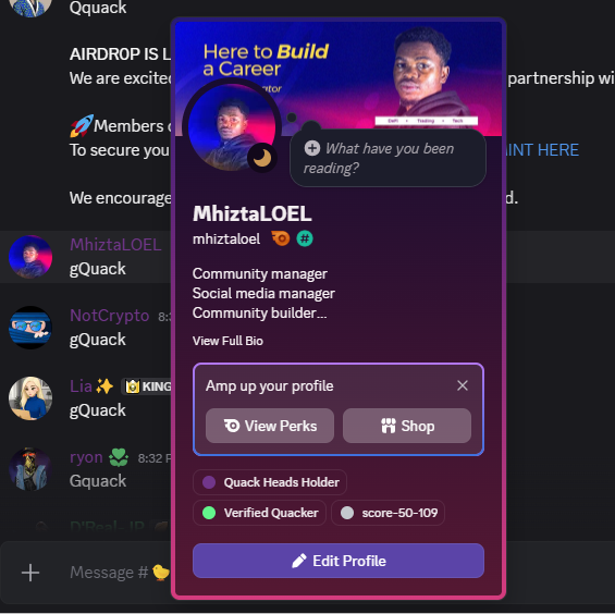 MhiztaLOEL's tweet photo. just claimed my role on @wallchain discord as QUACK HEADS holder

when will my X score get updated? I already have 110 X score https://t.co/ImGfJxFheB