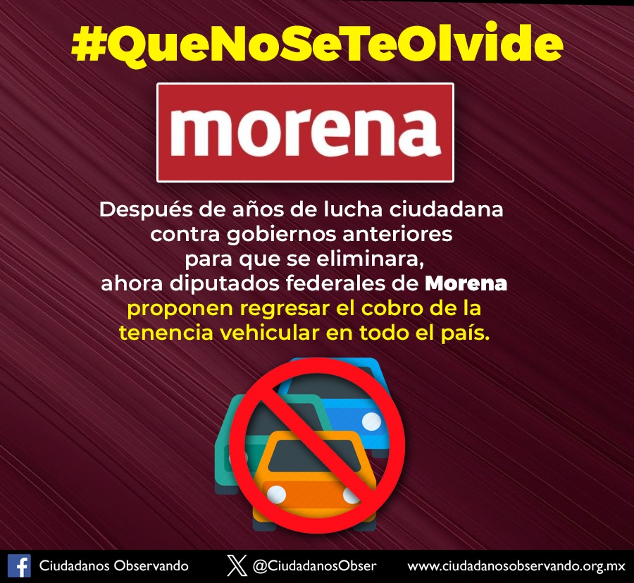 #QueNoSeTeOlvide
Fueron años de lucha contra gobiernos anteriores en diversos estados del país, donde luchamos fuertemente para que se eliminara el cobro de la tenencia vehicular y que hoy diputados de #Morena quiero aplicar en todo el país.