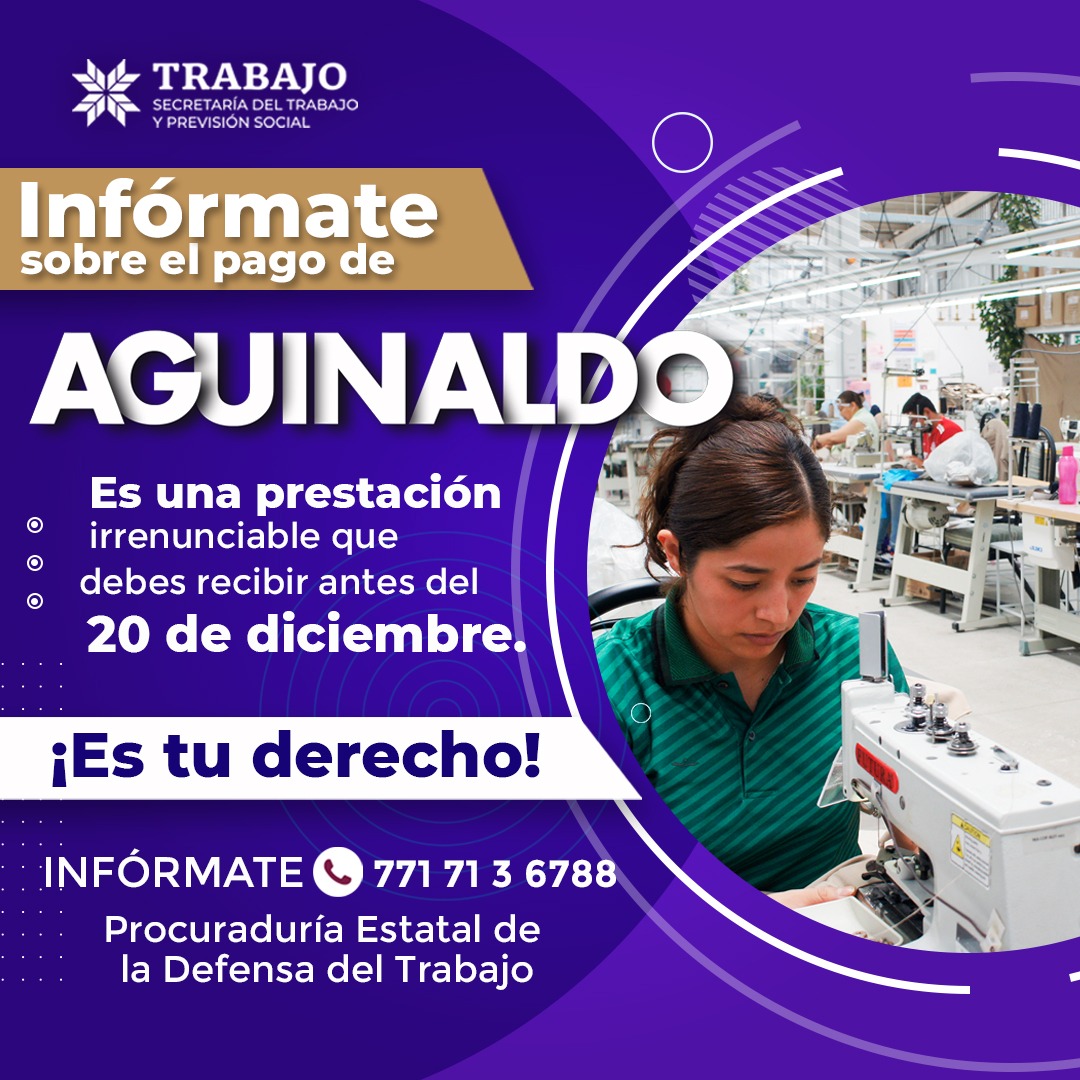 strabajohgo's tweet image. De acuerdo con el Artículo 87 de la Ley Federal del Trabajo: las y los trabajadores tienen derecho a un aguinaldo anual que deberá pagarse antes del día veinte de diciembre, equivalente a quince días de salario, por lo menos.
#PagoDeAguinaldo
#PrimeroElPueblo