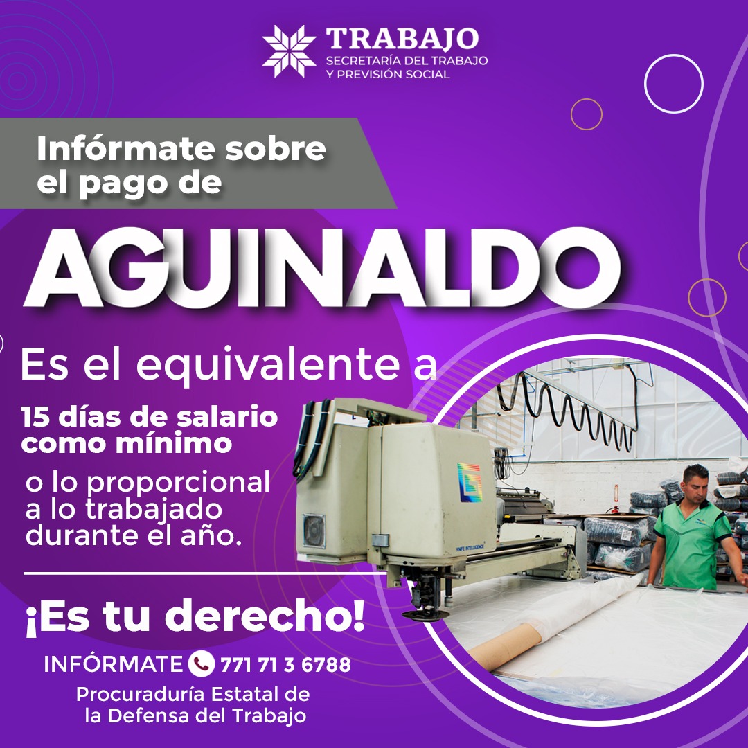 strabajohgo's tweet image. De acuerdo con el Artículo 87 de la Ley Federal del Trabajo: las y los trabajadores tienen derecho a un aguinaldo anual que deberá pagarse antes del día veinte de diciembre, equivalente a quince días de salario, por lo menos.
#PagoDeAguinaldo
#PrimeroElPueblo