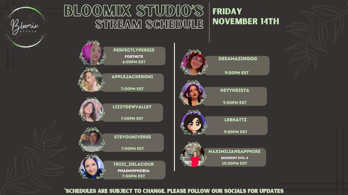 Check out our lineup of streamers going Live ~*• November -14th (part 2) •*~  on their channels 🌿