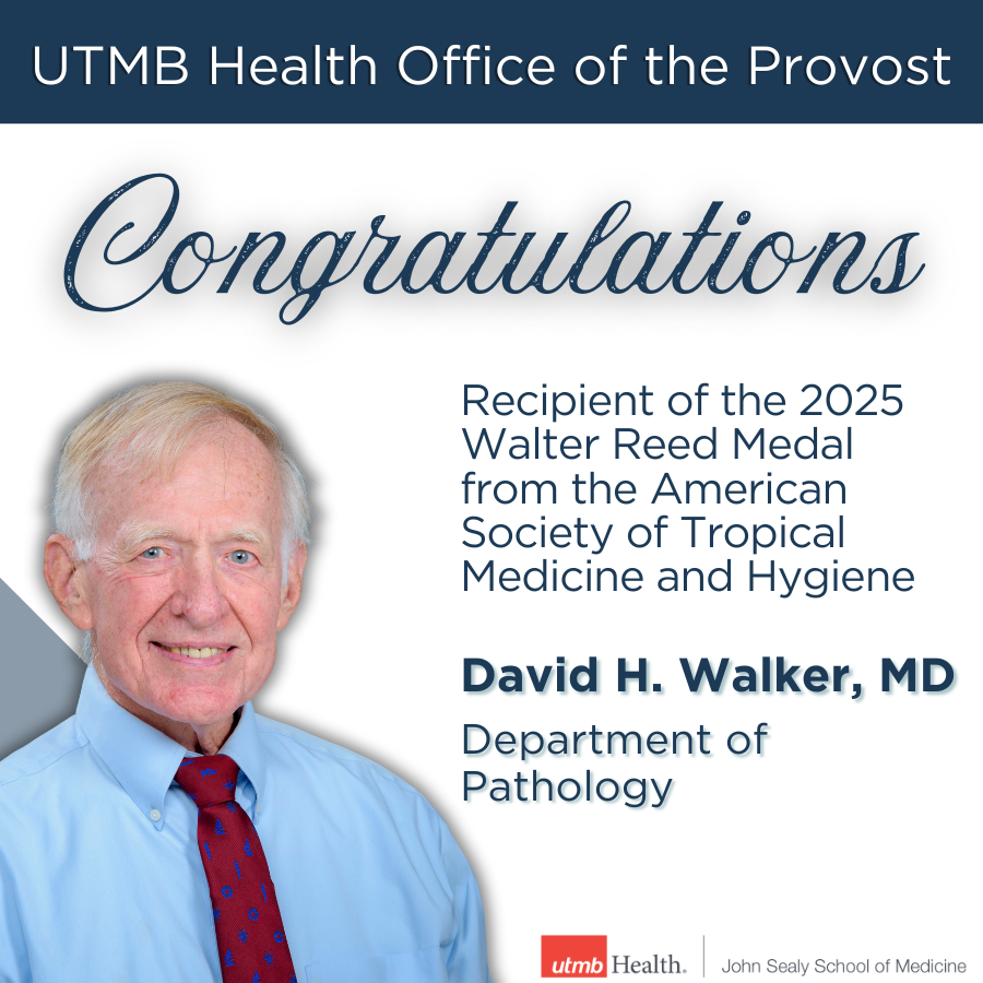 UTMBProvost's tweet photo. Congratulations to Dr. David H. Walker on receiving the 2025 Walter Reed Medal, one of the most prestigious honors in the field of tropical medicine. He is a Professor of @UTMB_Pathology and Executive Director, Center for Biodefense &amp; Emerging Infectious Disease. Well-deserved! https://t.co/SAUm0zZraF