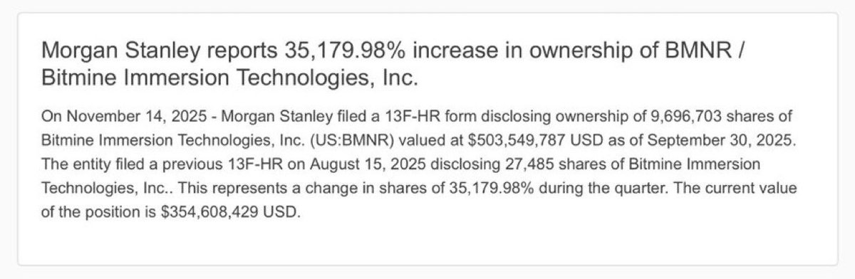 🚨Morgan Stanley Update on BitMine <a href="/BitMNR/">Bitmine (NYSE-BMNR) $ETH</a> 

Morgan Stanley disclosed a 35,179% increase in its BitMine holdings, now reporting 9,696,703 shares valued at approximately $503M.

$ETH / $BMNR