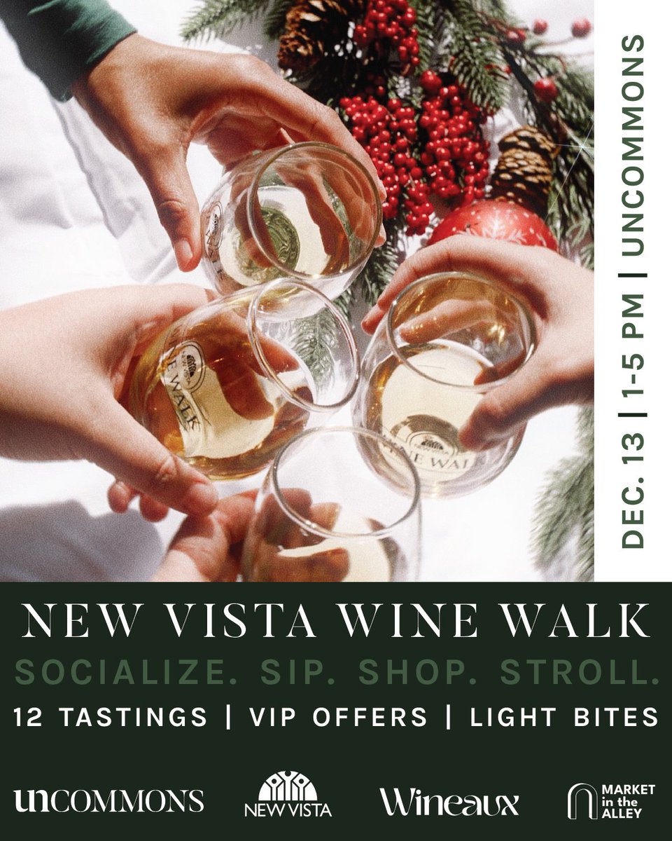 Join us at UnCommons on 12/13 for the New Vista Wine Walk, a festive sip &amp; shop experience celebrating the 12 Days of Christmas with Market In The Alley. 🍷🎁 All proceeds benefit New Vista, supporting people with #IDD for over 35 years. 💛
Tickets here: bit.ly/3K1KVy0🥂