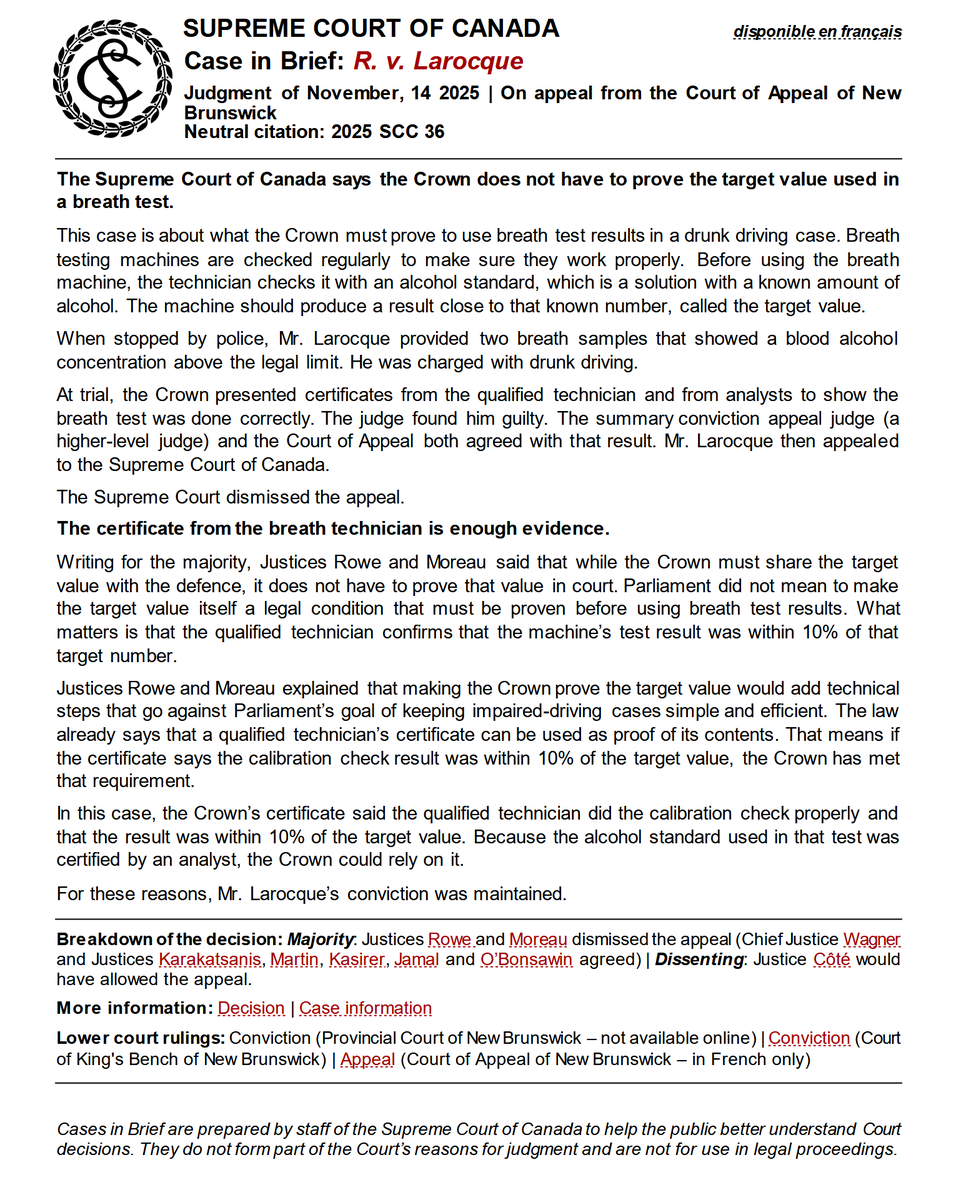 LawScribes's tweet image. 2 Supreme Court Canada breathalyzer evidence decisions. Crown can rely on certificate from person administering breath test to prove that breath machine is properly calibrated.  #SCC justice Suzanne Côté was lone dissent in both decisions. #criminallaw