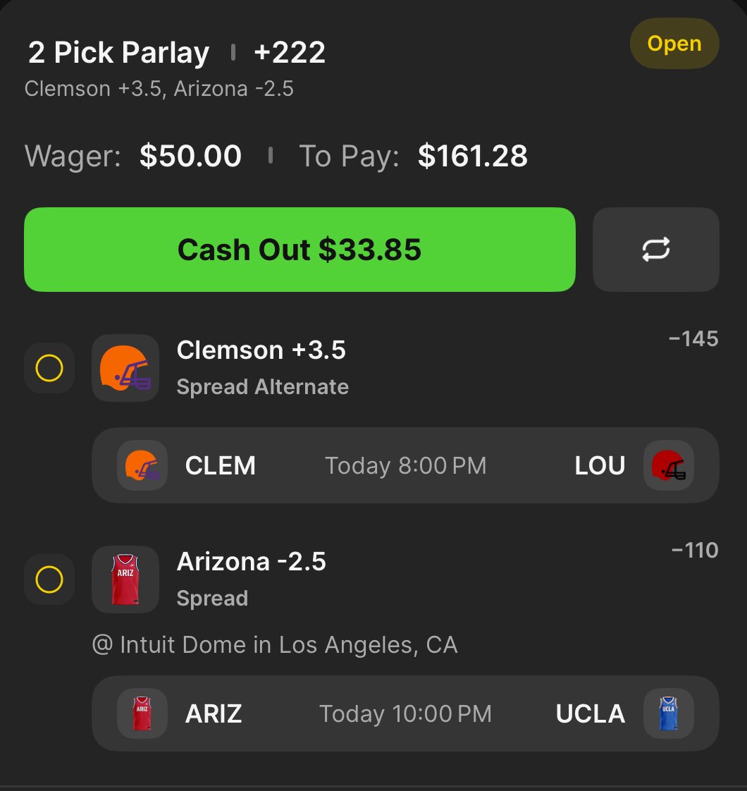 BANKROLLBUILDAR's tweet photo. 🔥 BRB ROAD TO 10K 🔥

I love Arizona in this spot ‼️ I think the game will be within 10 points but -2.5 is just too low

Also love Clemson -2.5 thanks to the @TempoTalk21 model let’s ride

✅Day 1: $200 ——> $564
✅Day 2: $400 ——> $1,193
❌Day 3: $400 ——> -$400
✅Day 4: $475 ——> $514
✅Day 5: $300 ——> $420
Day 6: $200 ——> TBD

💸 ON PENDING PARLAYS: $150 

💰BANKROLL: $1,041 out of $10,000