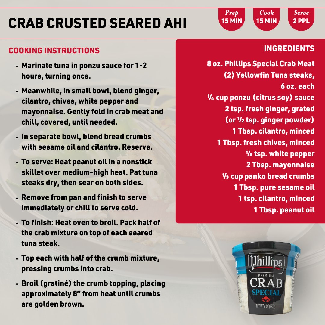 This Asian-inspired Crab-Crusted Seared Ahi recipe features premium seared Yellowfin tuna paired with the bold flavor of ginger and the smooth, refreshing taste of crab meat.