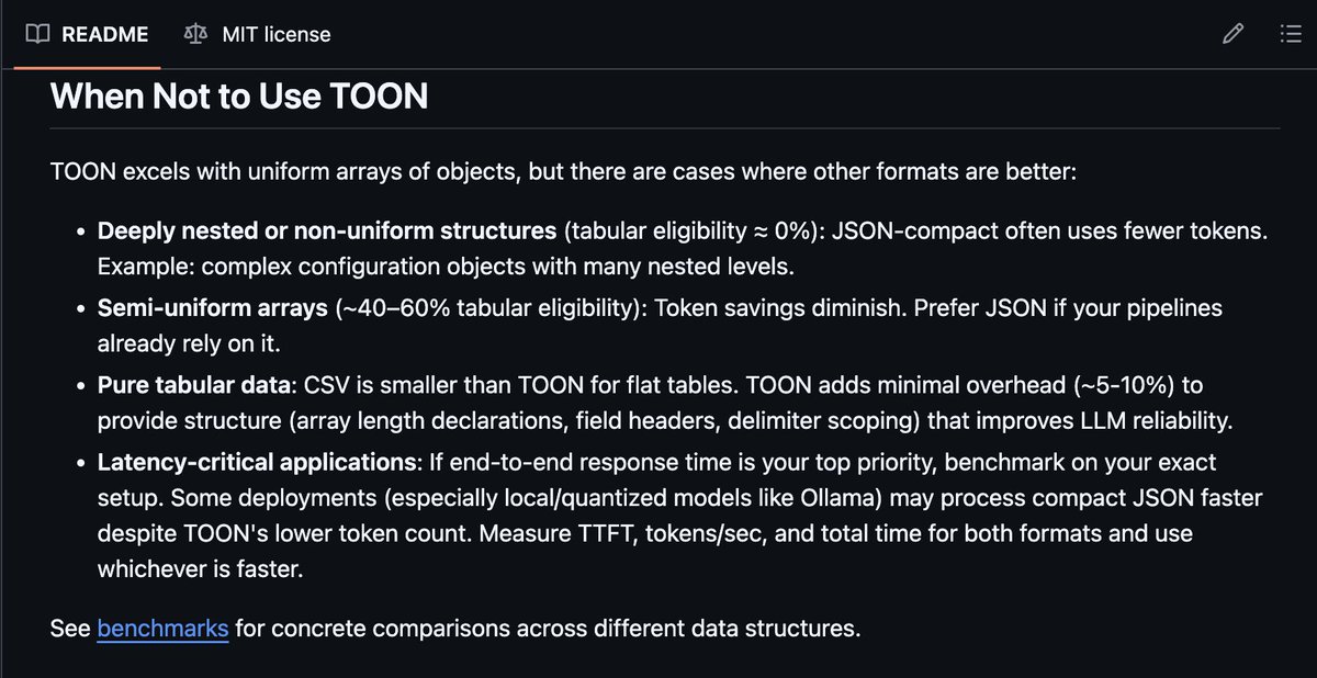 vaibcode's tweet image. TOON is a waste of time. Optimizations for tiny data structures don&apos;t matter.

protobuf works because it scales with data complexity. TOON literally says in their docs it gets worse on more complex data.