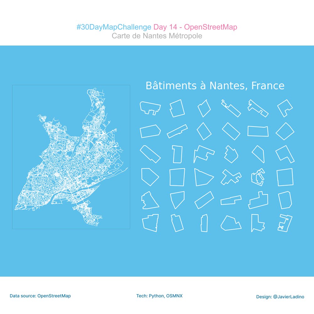javierladino's tweet image. 🏙️ Day 14: OpenStreetMap Challenge
Used OSM data + prettymaps to extract and visualize the building footprints of Nantes 💙

#30DayMapChallenge #Day14 #OpenStreetMap #OSM #DataViz #Python #Prettymaps #Nantes #Geospatial