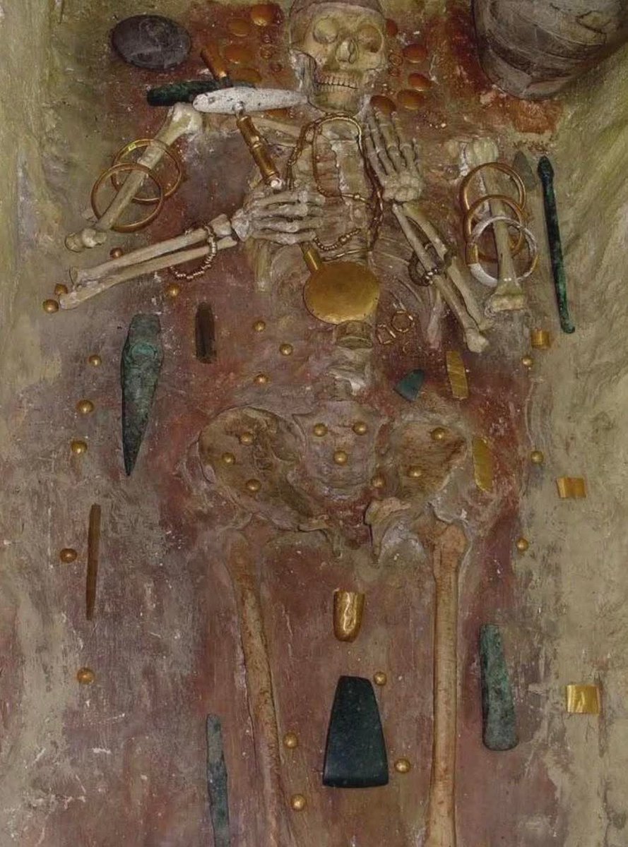 A skeleton found in Bulgaria with some of the world’s oldest gold, at over 6000 years old.... 

Unearthed near the Black Sea coast in Varna, Bulgaria, this burial is one of the most astonishing archaeological discoveries of the modern era. The site, known as the Varna Necropolis,