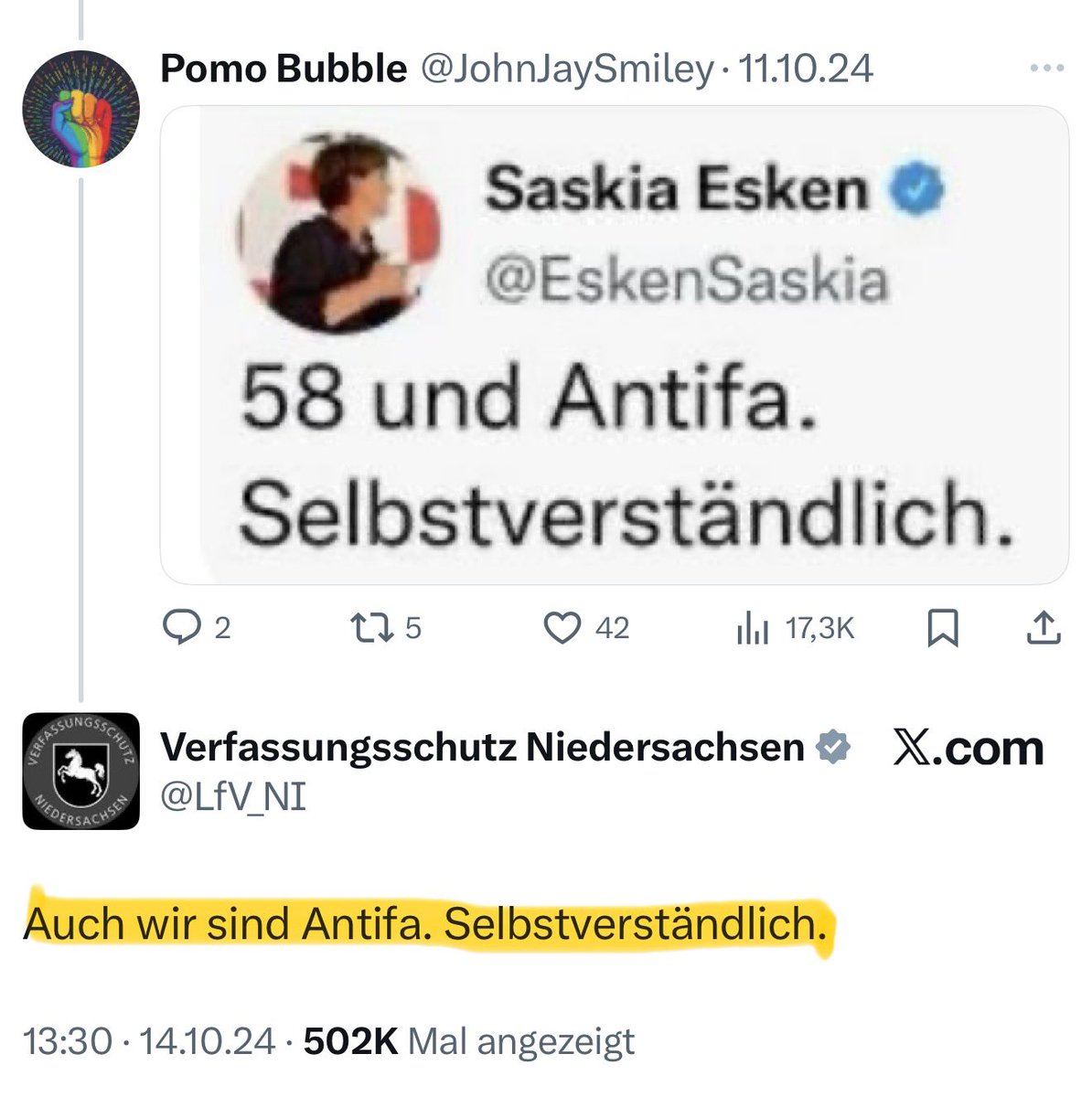 Nachdem <a href="/realDonaldTrump/">Donald J. Trump</a> die »Antifa Ost« auf die Terrorliste gesetzt hat, sollte dringend das <a href="/LfV_NI/">Verfassungsschutz Niedersachsen</a> auch noch indexiert werden. Eine staatliche &amp; weisungsgebundene Behörde, die sich ganz »selbstverständlich« zur linksextremen Antifa bekennt, gehört auch auf diese Liste. Oder?
