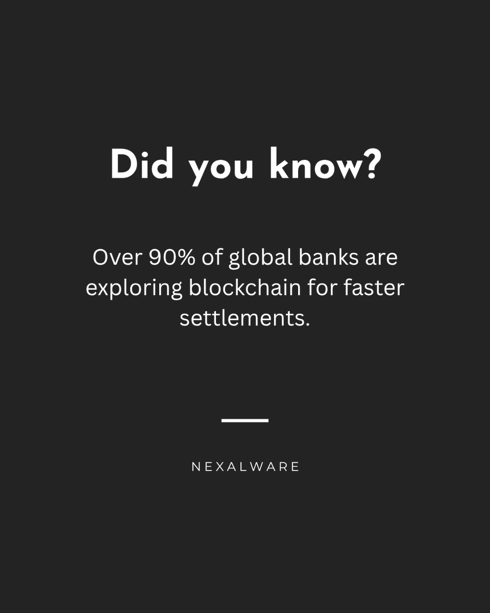 nexalware's tweet photo. Did you know that more than 90% of banks worldwide are investigating blockchain technology? 

They are seeking quicker settlements, reduced costs, and continuous global transfers. 
Because Blockchain facilitates transactions that occur nearly instantaneously and minimizes errors. https://t.co/ISdYtkD5i6