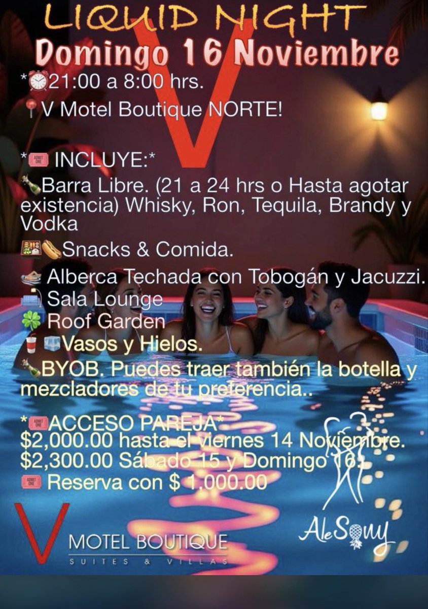 neonswclub's tweet photo. *💦LIQUID NIGHT💦*
         *👙POOL PARTY👙*

Estamos de regreso con una divertida Pool Party 

🗓Domingo 16 Noviembre
⏰21:00 a 8:00 hrs.
📍V Motel Boutique NORTE!

*🎟️ INCLUYE:*
🍾Barra Libre. (21 a 24 hrs o Hasta agotar existencia) Whisky, Ron, Tequila, Brandy y Vodka
🍱🌭Snacks & Comida.
🏊🏼‍♂️ Alberca Techada con Tobogán y Jacuzzi.
🛋️ Sala Lounge
🍀 Roof Garden
🥤🧊Vasos y Hielos.
🍾BYOB. Puedes traer también la botella y mezcladores de tu preferencia.
🎧DJ DualSw

👫 Cupo Limitado a 20 Parejas.

📲 5550728476 @neonswclub 
 
 *💳Solicita los datos de depósito para tu reserva!*
@Georgeandsoul @PJuguetones @Beyswdf1 @BisexygirlSW @DiabloSWxxx @parswdelvalle