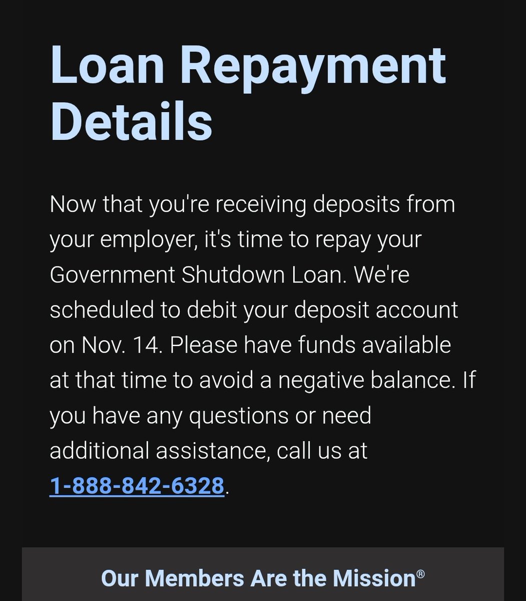 rewberl's tweet photo. And now @NavyFederal expects full, immediate repayment when Interior employees have only received 50% of their back pay? With less than a day's notice?

I expect this to cause huge problems for a lot of people. https://t.co/SE84jTmtOr