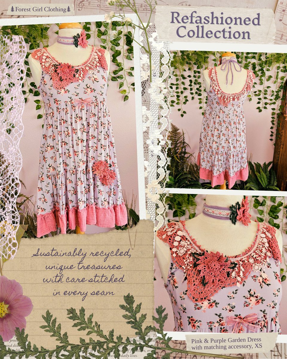 forestgirlco's tweet image. In our Refashioned Collection, every piece tells a story. These special items are handmade from recycled materials to create new one-of-a-kind designs 🪡🧵🎀

Pictured: Pink &amp;amp; Purple Garden Dress in size XS.
Comes with an accessory that can be worn as a headband or a choker🌸🌿