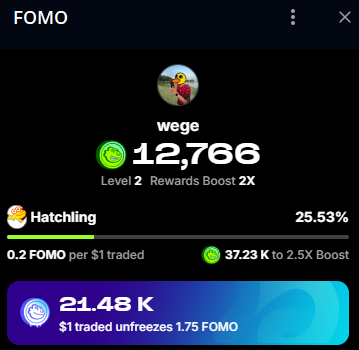 wegetutorial's tweet image. Gfomo!🦖

How much volume you need to get for unlock all your frozen $FOMO?

1. Check your app&apos;s Reward menu to see the unlock rate.
2. Visit: v0-fomo-calculator.vercel.app (yes i made this!)

If your rate is 1.75 $FOMO per $1 traded like me, you&apos;ll need only around $12k volume with…