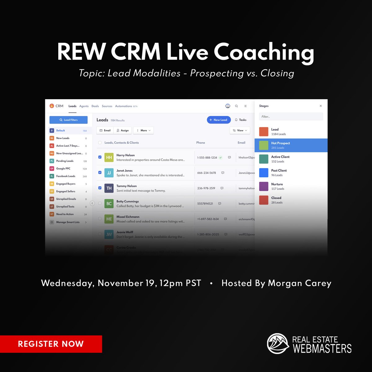 webmastersre's tweet image. Do you want to make sure none of your leads are slipping through the cracks? Catch our CEO, @morgancarey, on Nov. 19, at 12PM PST for a live #REWCRM coaching session about Lead Modalities (Prospecting vs. Closing).

Register now and grab your spot: us06web.zoom.us/meeting/regist…