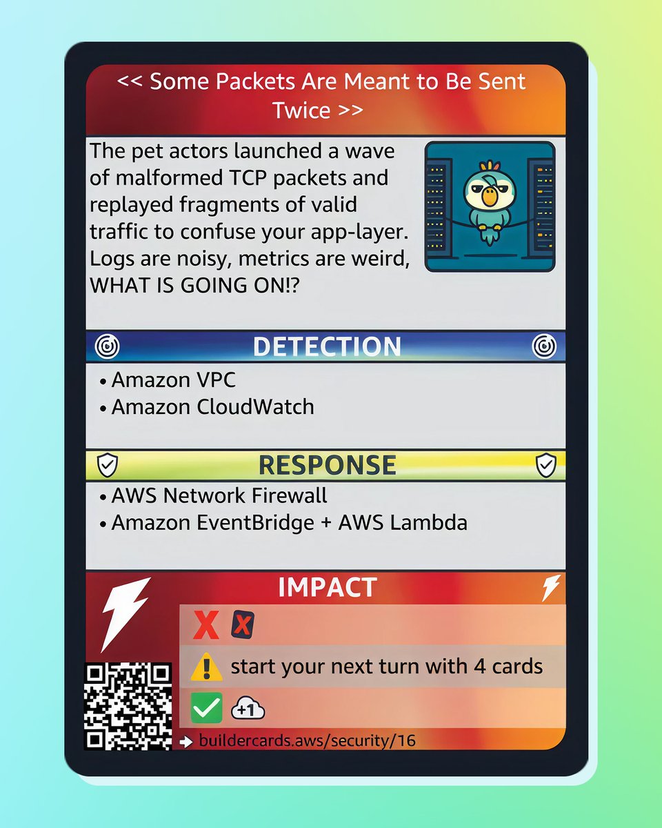 AWSEvents's tweet image. Meet Polly Packet. 🦜

Once a parrot. Now a packet whisperer. Polly plays rough, repeats packets, and never misses a payload.

Register for #AWSreInvent &amp;amp; catch her in action during the #AWS BuilderCards Security pack challenge. 

👉 go.aws/3JKXXjn
