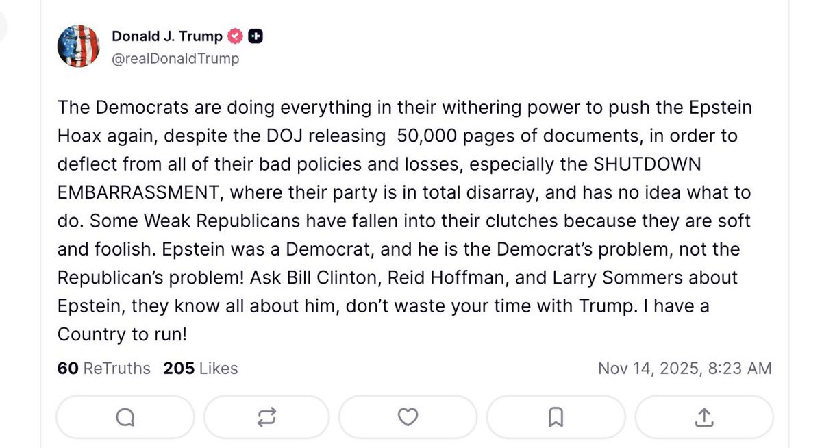 TomJChicago's tweet image. In a panicked attempt to keep a lid on the Epstein files, Trump completely reverses his and Bondi’s position that the case was closed and now says it’s a live case against Dems that needs to be investigated. This would be his excuse not to release the files. He’s so desperate.