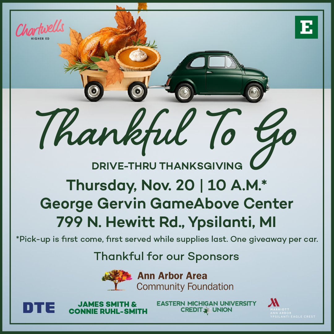 EasternMichU's tweet image. Swing by the George Gervin GameAbove Center for our Thankful To Go Drive-Thru Thanksgiving. Special thanks to our sponsors for helping us make this giveaway possible. One giveaway per car, while supplies last. #TRUEMU
 
To learn more, visit true.mu/thankful.