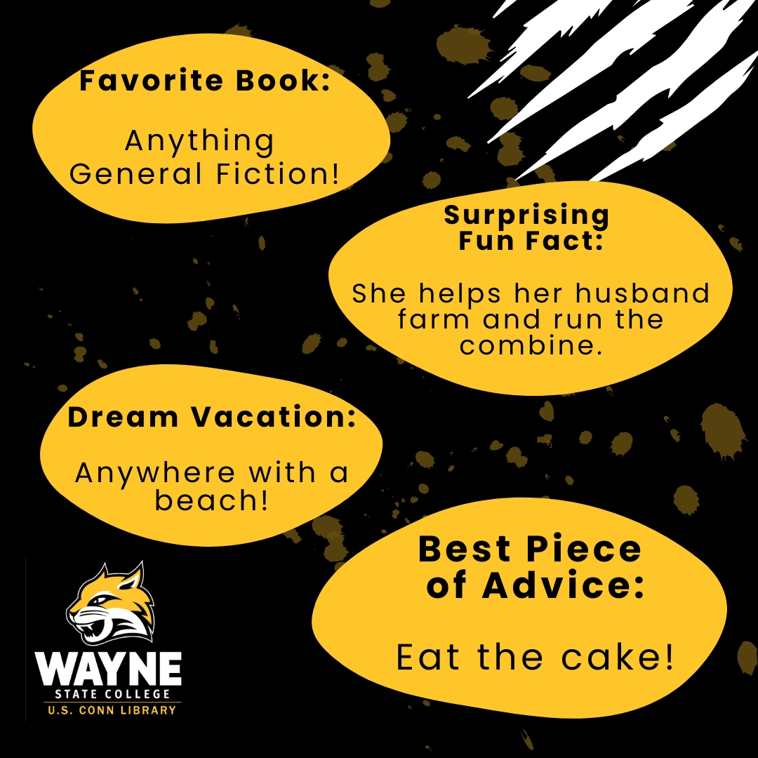 ConnLibrary's tweet image. 📚 Staff Spotlight: Theresa Frerichs
Library Office Assistant III at Conn Library for 5 years!
When she’s not at WSC, she’s farming &amp;amp; running the combine 🚜.
Favorite part of WSC? “Getting creative with IRC jobs.”
Check out the images to learn more!
#ConnLibrary #StaffSpotlight