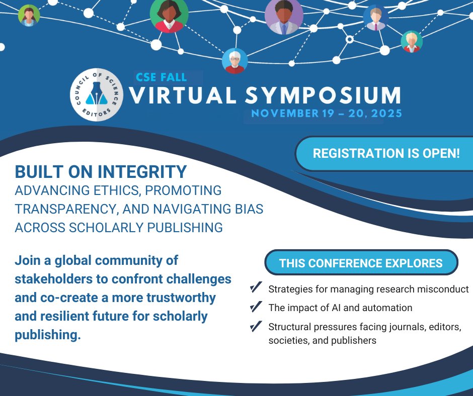 CScienceEditors's tweet image. 🚨📅 T-minus two days! 

Join us this week on November 19 and November 20 for the CSE Fall Symposium — a dynamic series of sessions designed to spark conversation, share insights, and build community across scholarly publishing.  

#CSESymposium25 🍂 councilscienceeditors.org/fall-virtual-s…