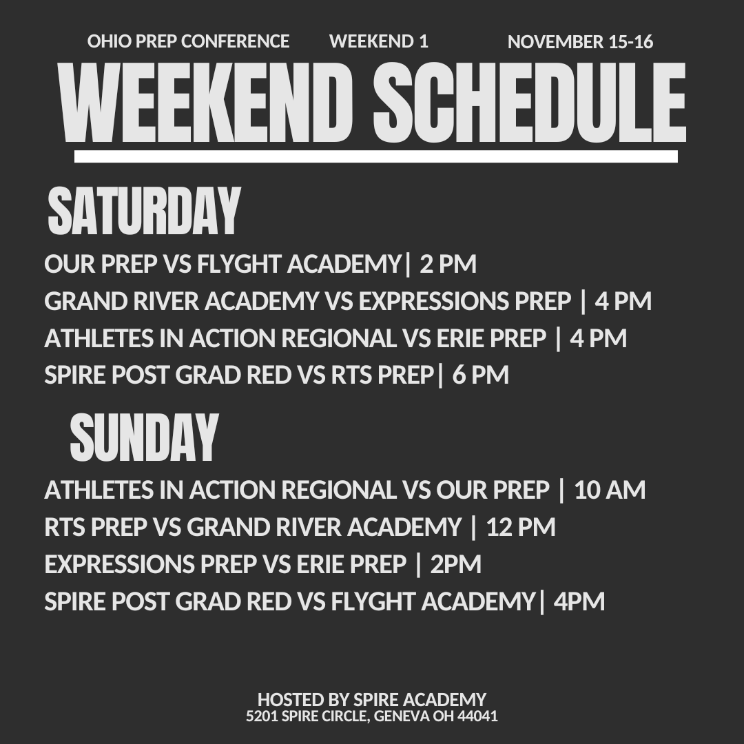 Ohio Prep Conference Weekend 1 hosted by <a href="/_SPIREAcademy/">SPIRE Academy</a> will tip off tomorrow, November 15th, at 2pm! A slate of 4 conference games will be played throughout the afternoon.

Check out the full schedule for the weekend below!