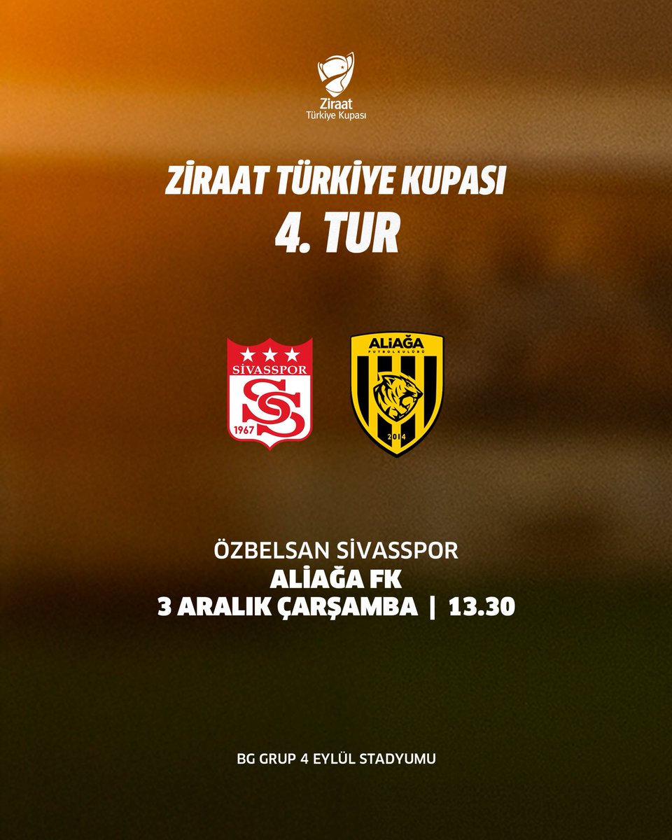 🇹🇷Ziraat Türkiye Kupası 4.Eleme Turunda Özbelsan Sivasspor’la oynayacağımız karşılaşmanın programı belli oldu. 3 Aralık Çarşamba günü BG Grup 4 Eylül Stadı’nda oynanacak mücadele 13.30’da başlayacak.