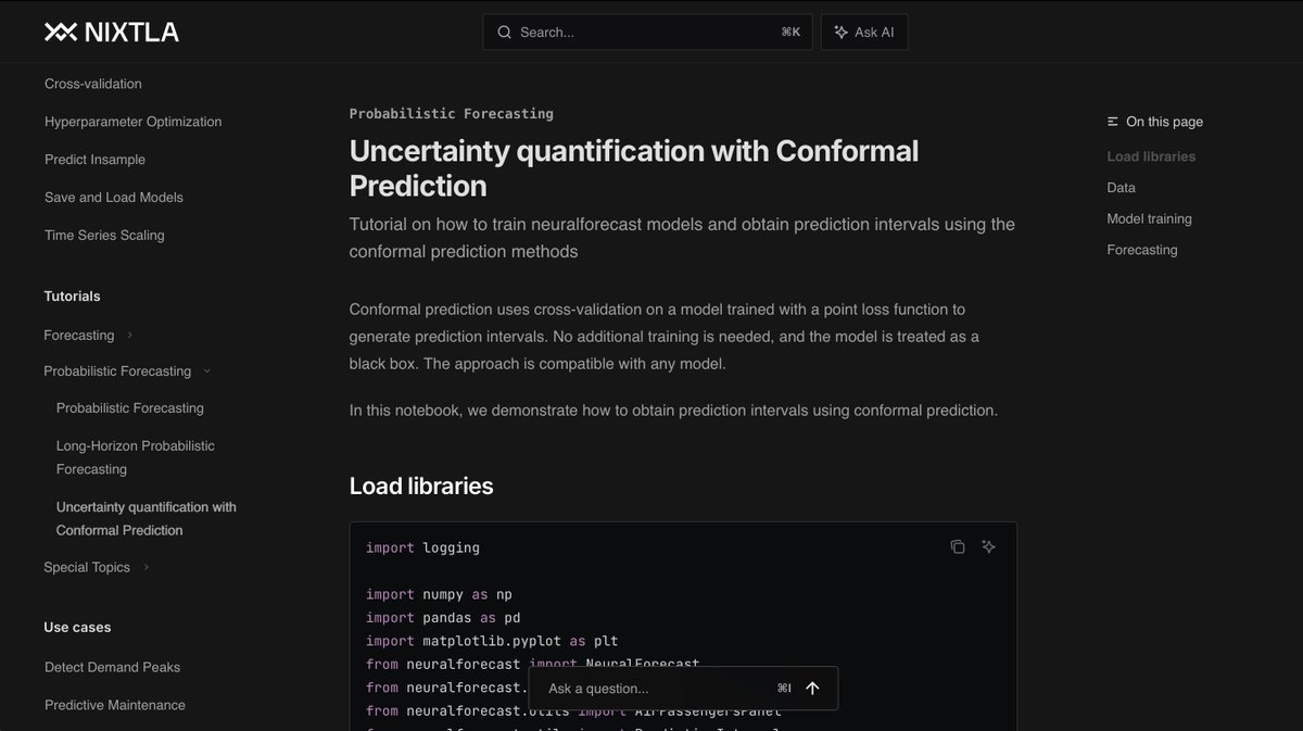 predict_addict's tweet image. All Nixtla libraries—statsforecast, mlforecast, and neuralforecast—now support uncertainty quantification through conformal prediction.

Check out the latest addition: conformal prediction in NeuralForecast.

#timeseries #forecasting #conformalprediction